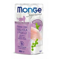 Monge Supreme Thunfischstücke mit Wolfsbarsch und Erbsen für sterilisierte ausgewachsene Katzen, 80-g-Beutel-1